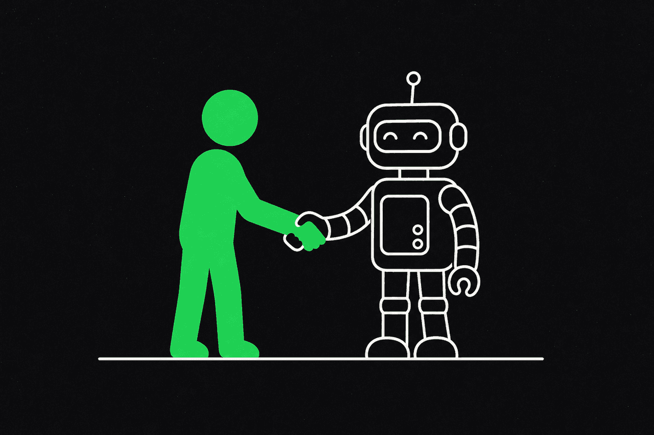 A green figure and an outlined robot shaking hands