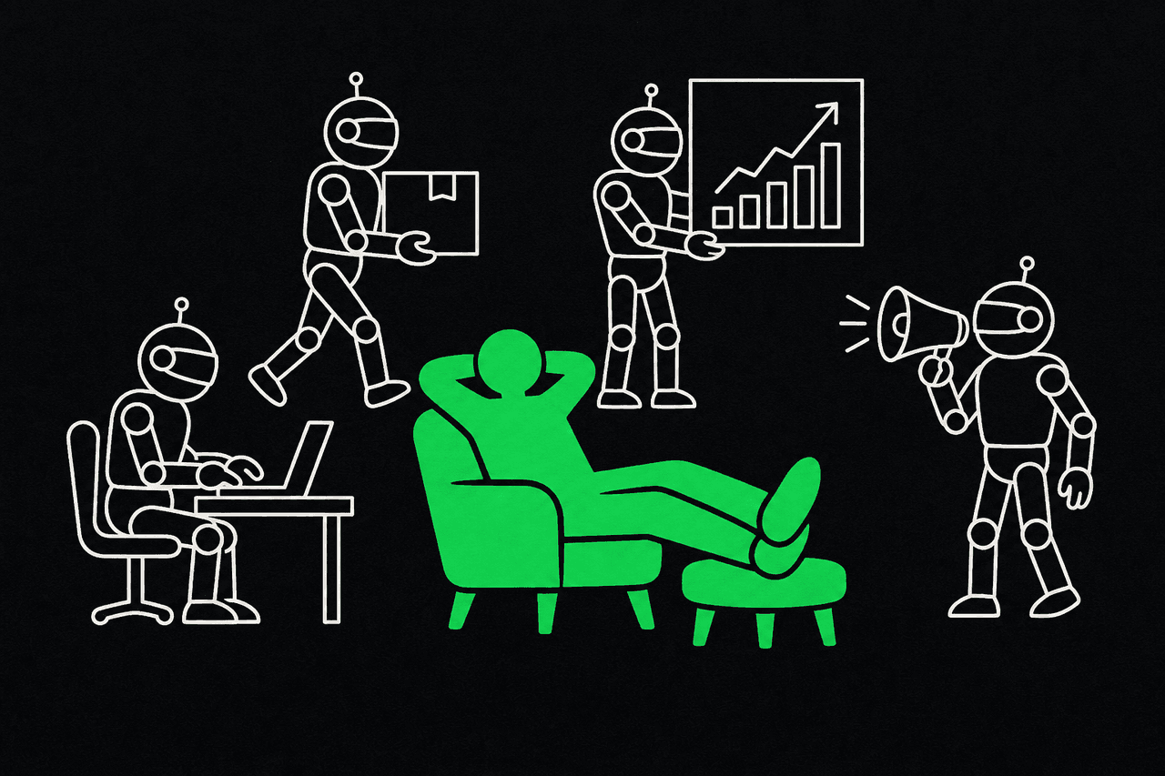 A green figure relaxing in an armchair while four outlined robots do the work around it