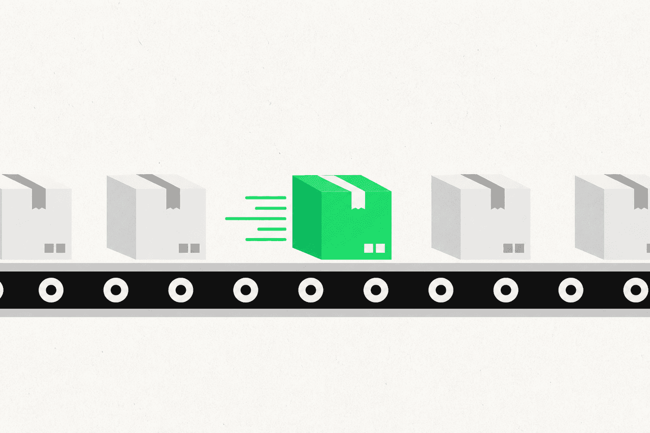 Shipping boxes on a conveyor line with one green box moving fast, the FastShipFaceMask story